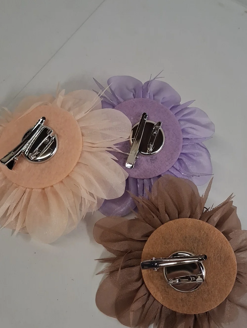 Set of 3 Decorative Fabric Flower Clips/Brooches - Mauve, Lavender, Peach